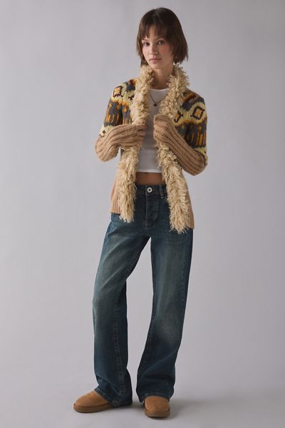 BDG Penny Patterned Knit Faux Fur Trim Cardigan