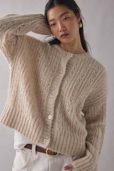 Kimchi Blue Becca Brushed Pointelle Knit Oversized Cardigan In Ivory, Women's At Urban Outfitters In Neutral