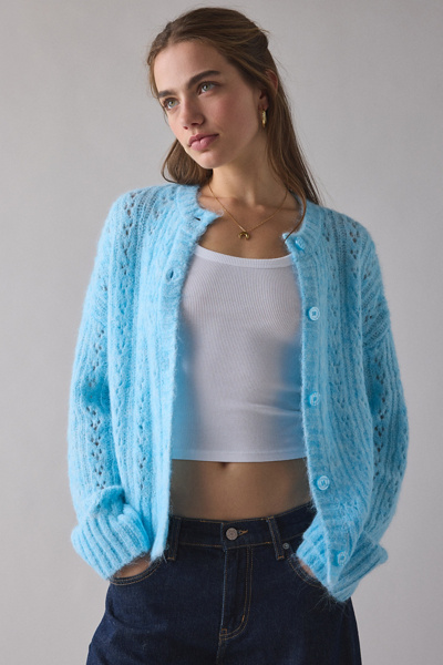 Kimchi Blue Becca Brushed Pointelle Knit Oversized Cardigan In Light Blue, Women's At Urban Outfitters