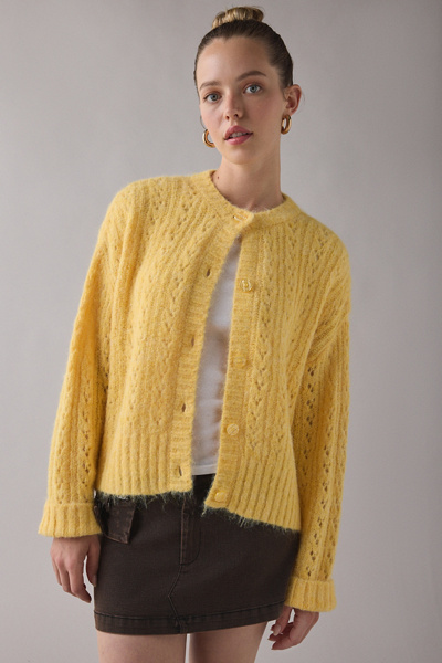 Kimchi Blue Becca Brushed Pointelle Knit Oversized Cardigan In Light Yellow, Women's At Urban Outfitters In Yellow