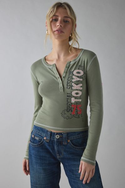 Urban Outfitters Tokyo Applique Graphic Long Sleeve Henley Tee In Green, Women's At  In Green
