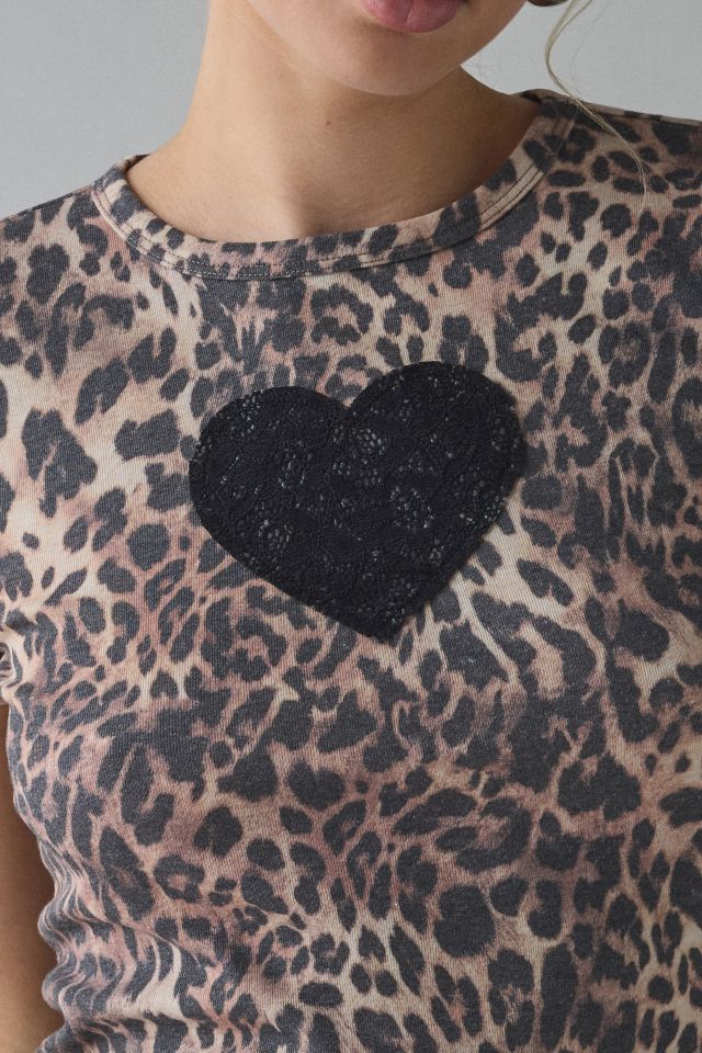 Lace Heart Applique Graphic Leopard Print Baby Tee #1