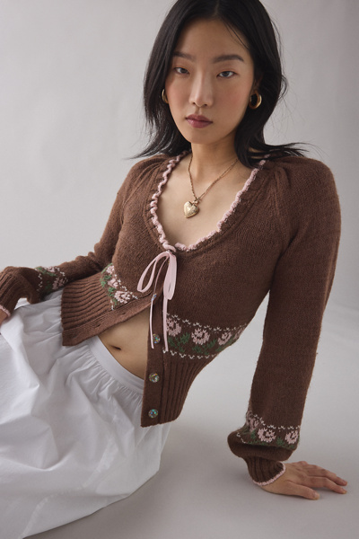 Kimchi Blue Alice Femme Fair Isle Cropped Cardigan In Brown, Women's At Urban Outfitters In Multi