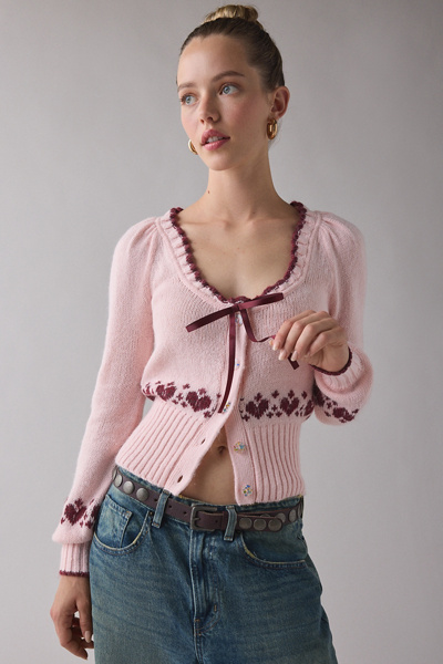 Kimchi Blue Alice Femme Fair Isle Cropped Cardigan In Pink Combo, Women's At Urban Outfitters In Multi