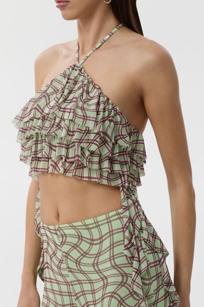 AFRM Mint Plaid Agia Ruffle Halter Crop Top