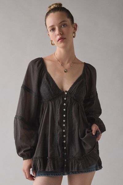 Kimchi Blue Delphine Lace Trim Long Sleeve Babydoll Tunic Top