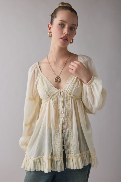 Haut tunique babydoll Delphine à manches longues et garniture en dentelle Kimchi Blue