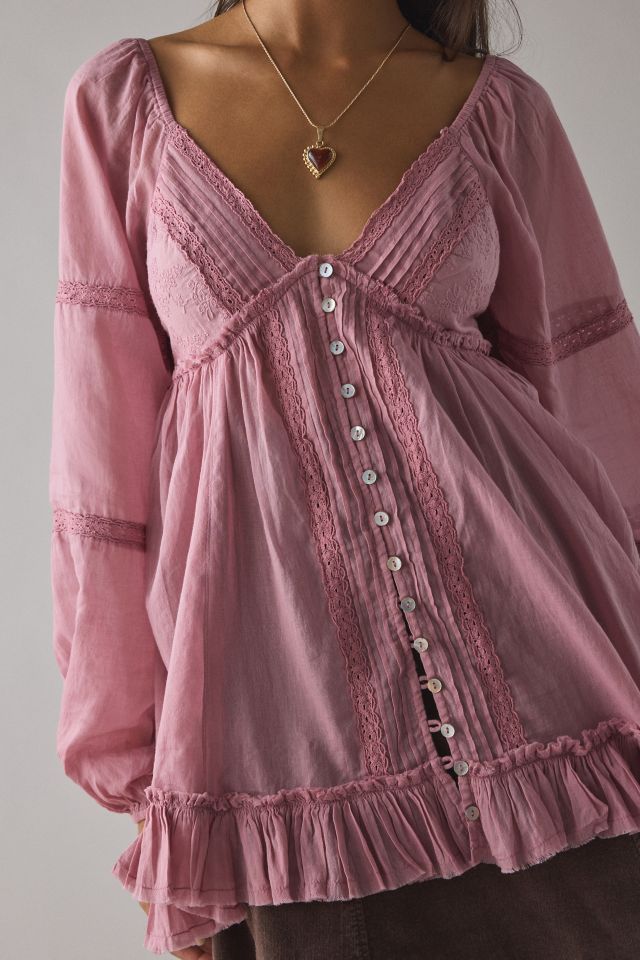 Haut tunique babydoll Delphine à manches longues et garniture en dentelle Kimchi Blue #1