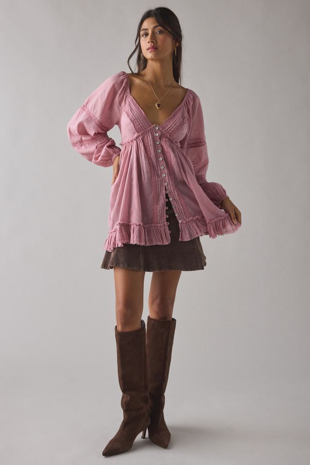 Haut tunique babydoll Delphine à manches longues et garniture en dentelle Kimchi Blue #2