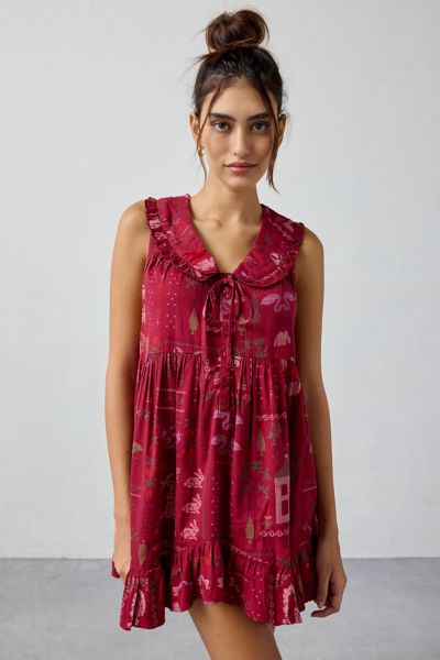 Out From Under Lottie Ruffle Collar Babydoll Sleep Dress In Berry, Women's At Urban Outfitters In Pink