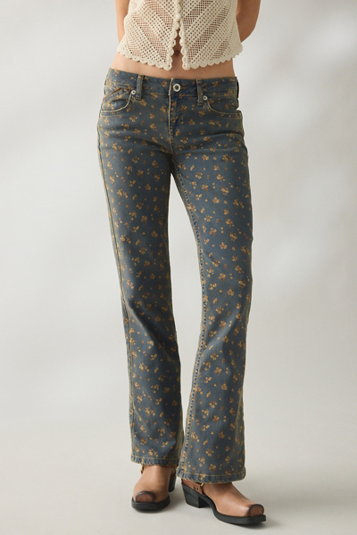 Bdg Brooke Printed Low-rise Flare Jean In Ditsy Khaki, Women's At Urban Outfitters