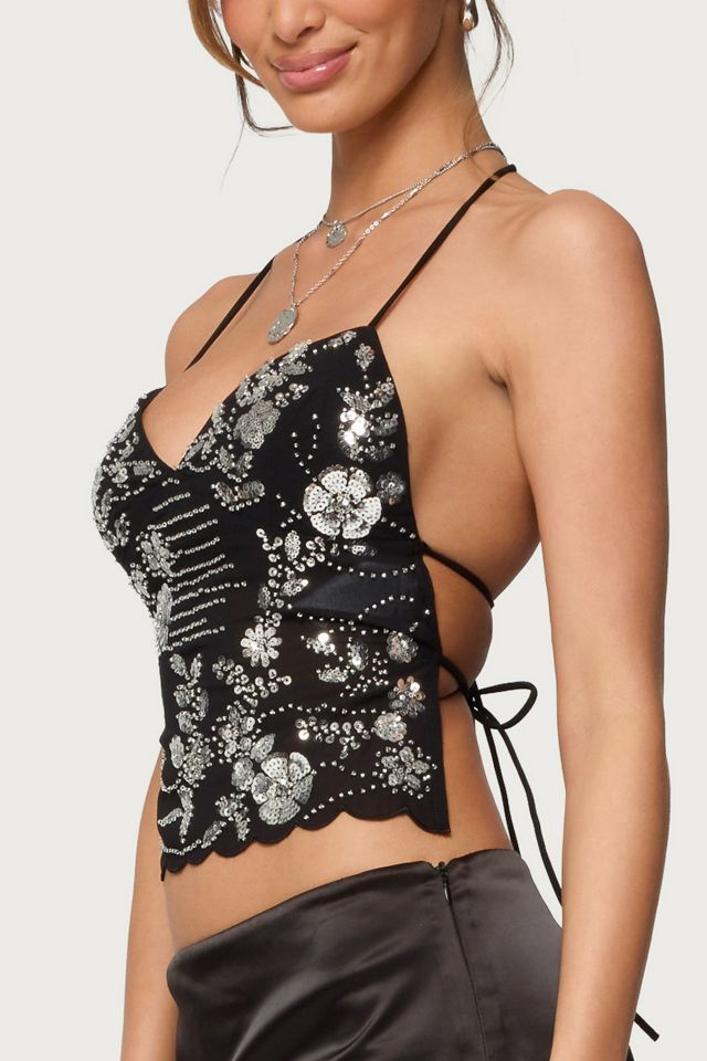 Edikted Nelley Backless Beaded Sequin Chiffon Top #2