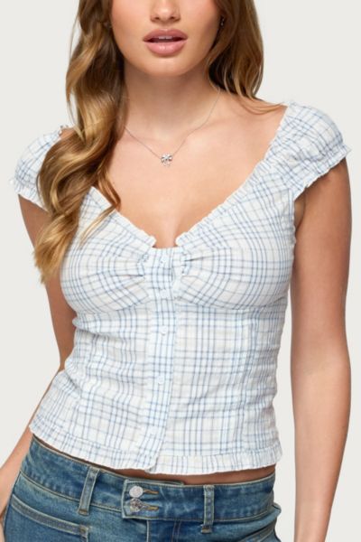 Edikted Dolsy Plaid Button Up Top In Blue, Women's At Urban Outfitters In Blue