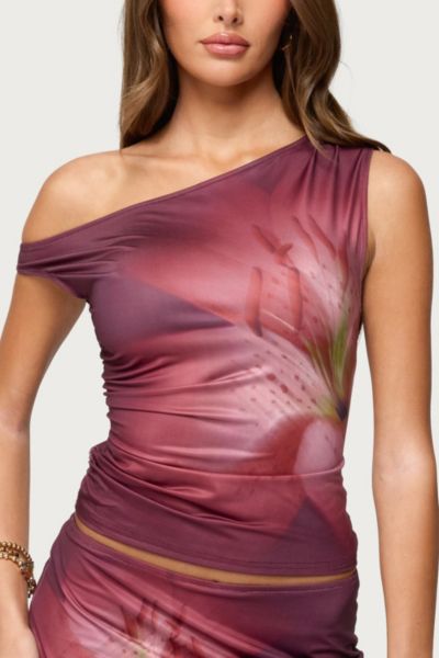 Edikted Tiger Flower Off Shoulder Top In Burgundy, Women's At Urban Outfitters In Red