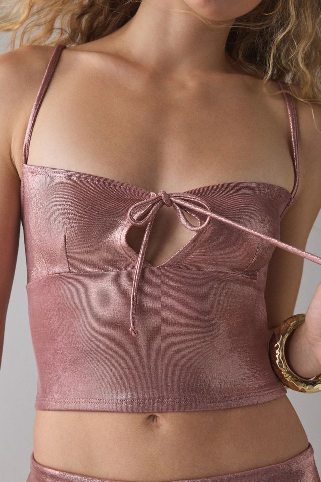 UO Melody Metallic Tie-Front Keyhole Cutout Cropped Tank Top #3