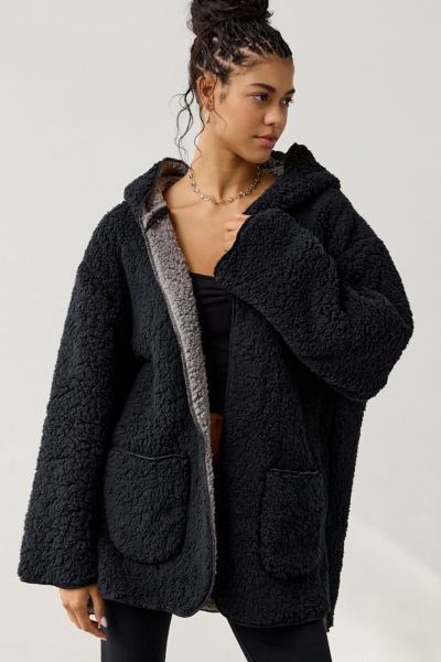 Out From Under Cloud Nine Reversible Fleece Hooded Teddy Jacket In Black, Women's At Urban Outfitters In Black
