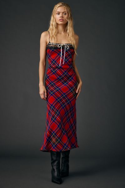 UO Plaid For You Lace Trim Slip Midi Dress