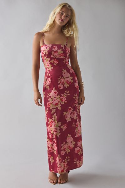 UO Mira Keyhole Cutout Tie-Back Satin Slip Maxi Dress Product Page