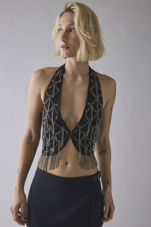 UO Aquamarine Beaded Fringe Halter Vest Top #1