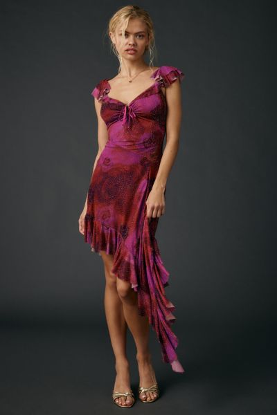 UO Hyacinth Rhinestone Studded Asymmetric Ruffle Midi Dress