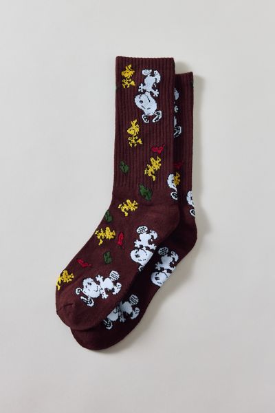 Peanuts Snoopy Allover Autumn Pattern Crew Sock In Brown, Men's At Urban Outfitters In Burgundy