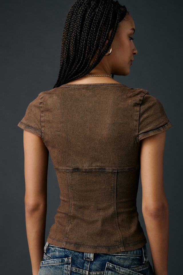 UO Blind Date Zip-Front Short Sleeve Denim Corset Top #3