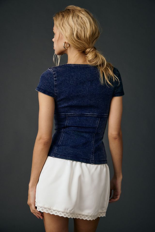 UO Blind Date Zip-Front Short Sleeve Denim Corset Top #1