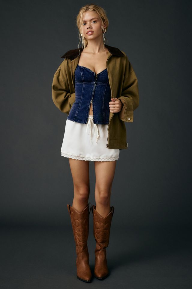 トップス OU UO Blind Date Zip-Front Short Sleeve Denim Corset Top | Urban