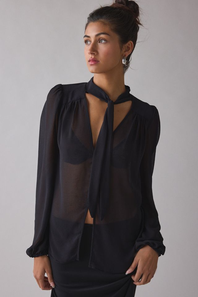 UO Up All Night Sheer Tie-Front Bow Flyaway Blouse