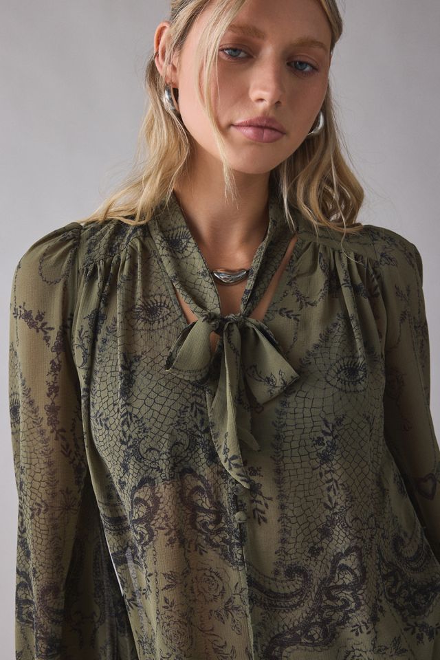 UO Up All Night Sheer Tie-Front Bow Flyaway Blouse #1