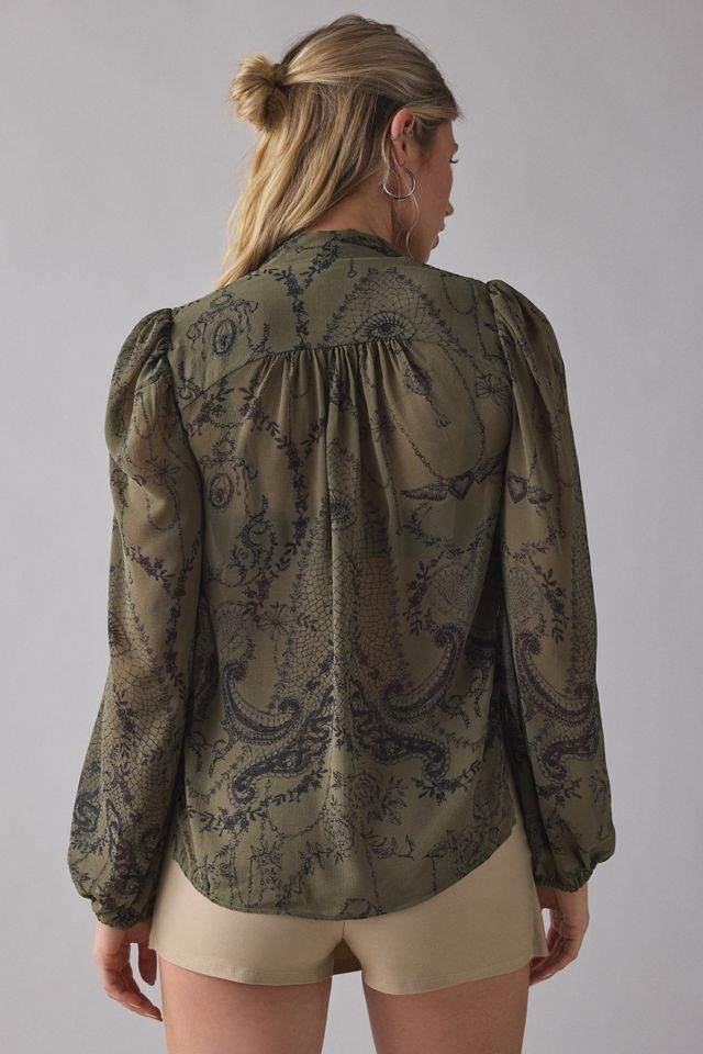 UO Up All Night Sheer Tie-Front Bow Flyaway Blouse #2