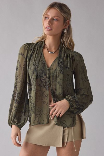 UO Up All Night Sheer Tie-Front Bow Flyaway Blouse