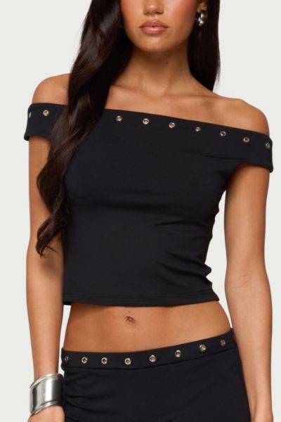 Edikted Neriah Grommet Off Shoulder Top In Black, Women's At Urban Outfitters In Black