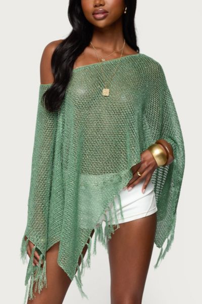 Edikted Sequin Fringe Knit Poncho In Green