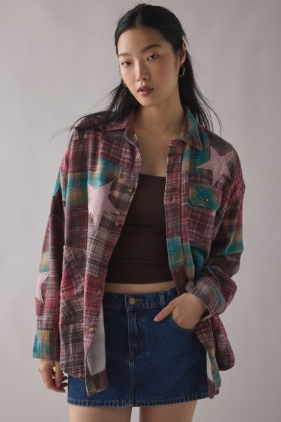 BDG Dani Cowboy Patchwork Oversized Flannel Shirt