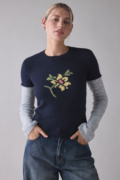 Bdg Riley Graphic Long Sleeve Layered Sweater In Navy, Women's At Urban Outfitters In Blue