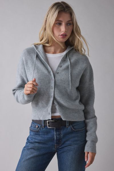 Bdg Connie Ribbed Knit Hoodie Cardigan In Grey, Women's At Urban Outfitters In Gray