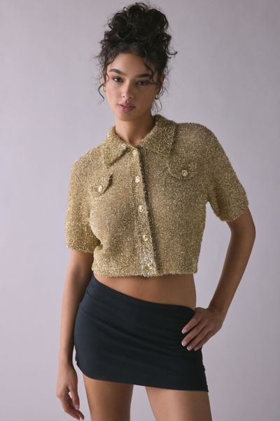 Glamorous Gold Knit Short Sleeve Cropped Cardigan
