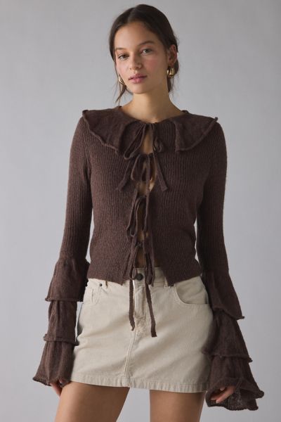 Glamorous Ruffle Bell Sleeve Tie-Front Cardigan