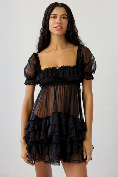 Out From Under Sweetie Pie Lace Trim Ruffle Sleep Dress In Black, Women's At Urban Outfitters