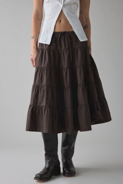 UO Bea Prairie Tie-Waist Tiered Cotton Midi Skirt
