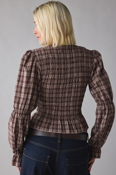 Daisy Street Lure Plaid Puff Sleeve Shirred Top