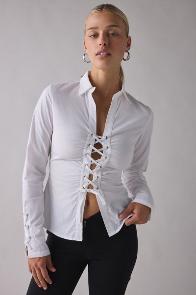 Motel Wyn Split-Front Corset Tie Long Sleeve Slim Shirt