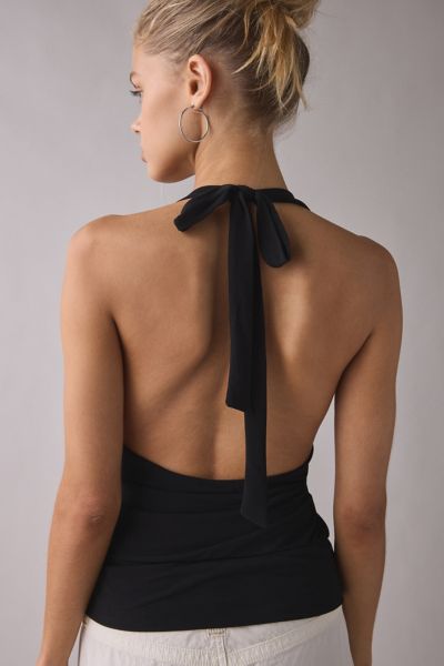 UO Crystal O-Ring Plunging Cowl Neck Halter Top