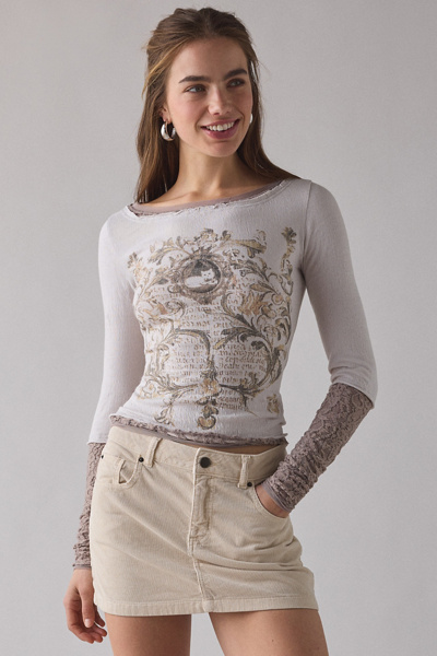 Kimchi Blue Double Trouble Twofer Layered Graphic Long Sleeve Tee In Grey, Women's At Urban Outfitters In Gray