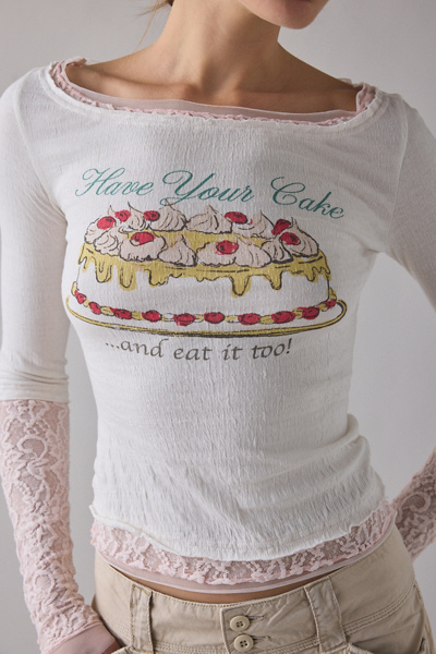 Kimchi Blue Double Trouble Twofer Layered Graphic Long Sleeve Tee In Cream, Women's At Urban Outfitters In White