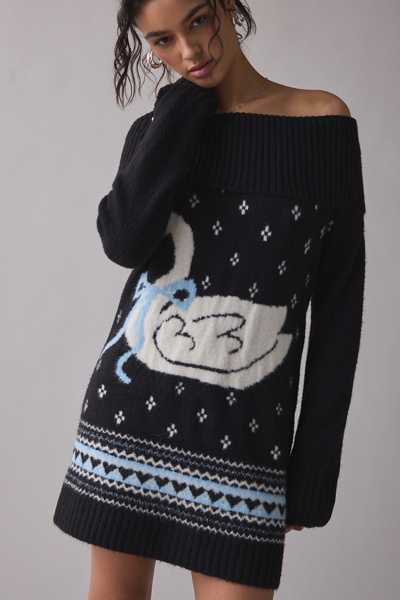 BDG Suzie Swan Femme Fair Isle Off-The-Shoulder Sweater Mini Dress
