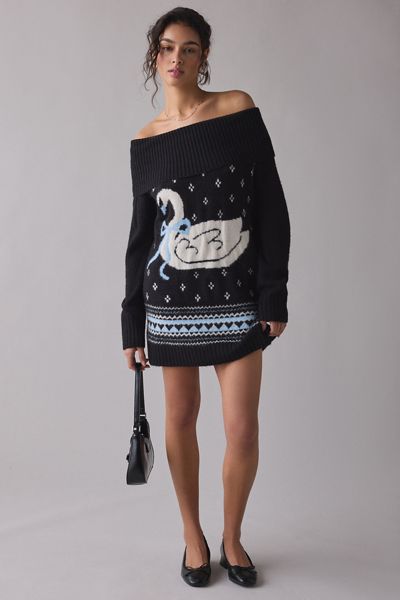 BDG Suzie Swan Femme Fair Isle Off-The-Shoulder Sweater Mini Dress