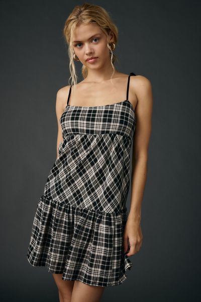 BDG Throw It On Tie-Strap Plaid Babydoll Mini Dress