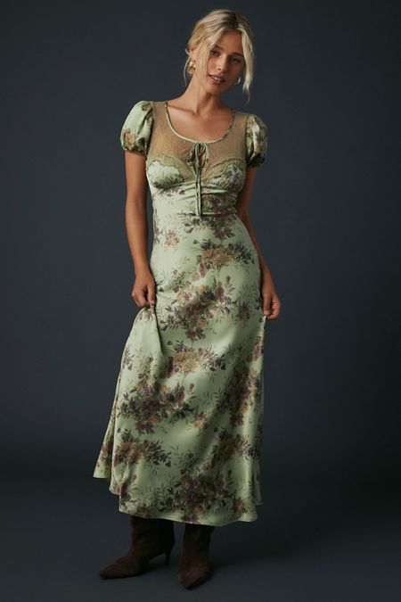 urban outfitters green dress UO Lottie Floral Tie-Back Midi 94% polyester 6% elastane Women's Mini Dresses